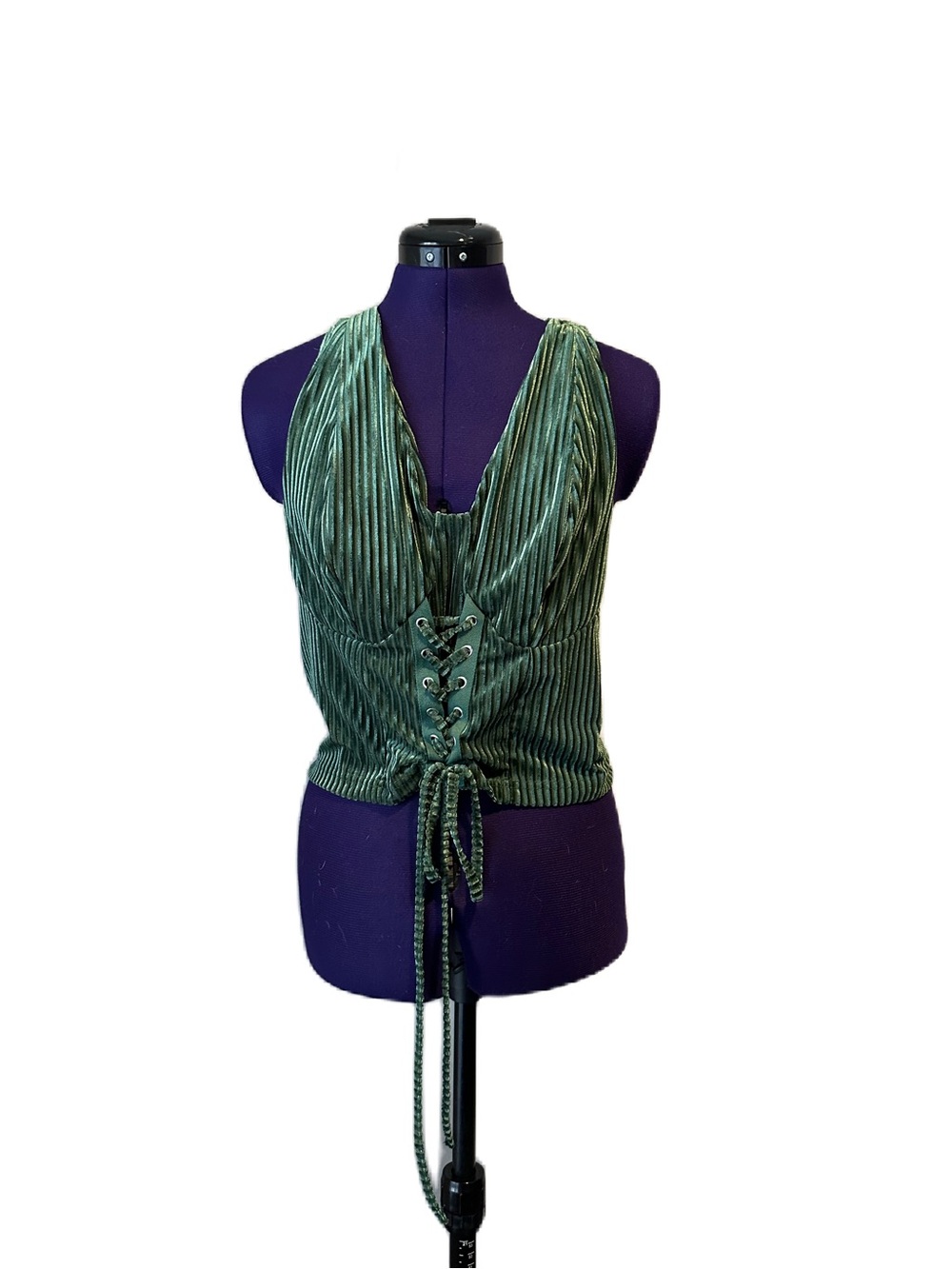 Green Stripe Velvet Tie Halter Top